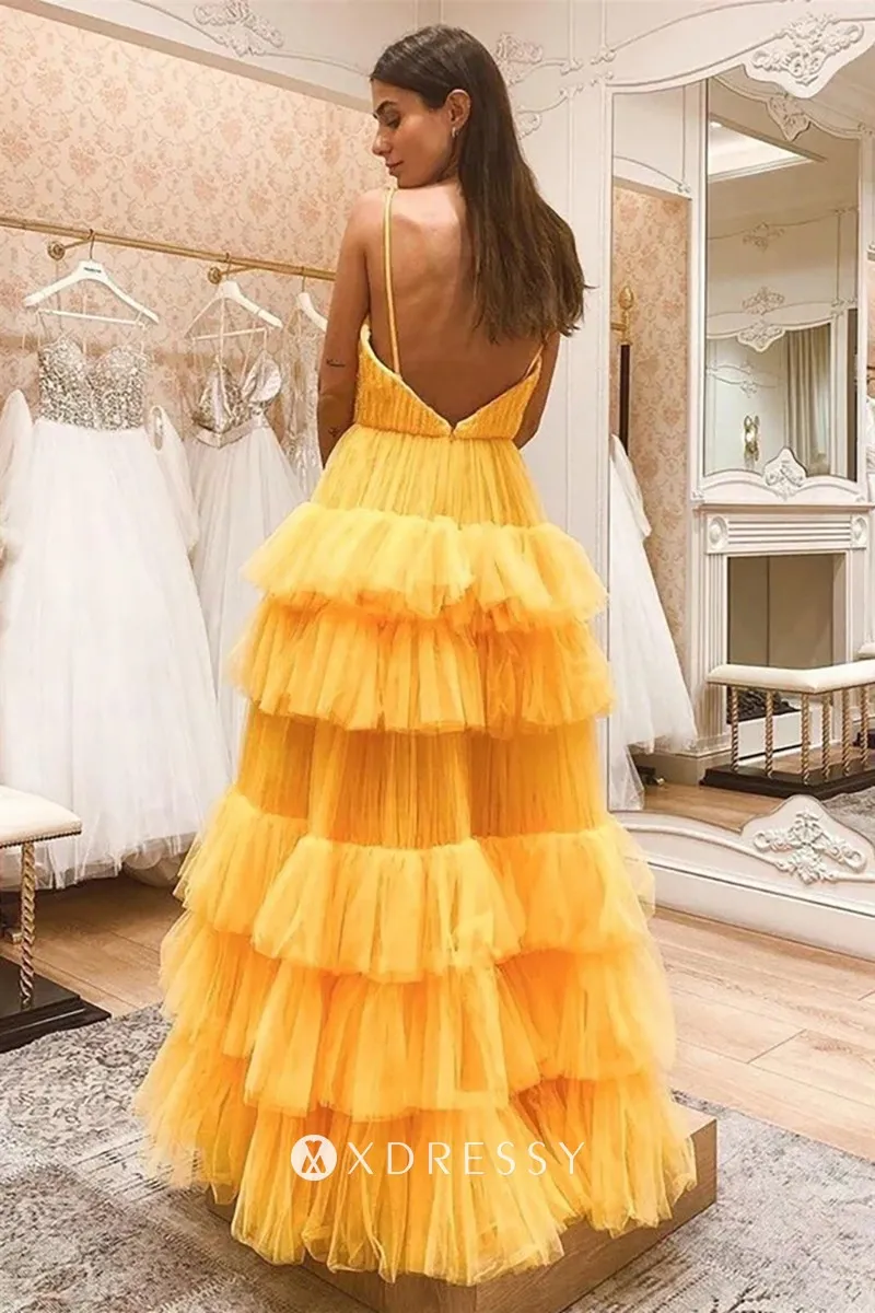 v neck backless layered yellow tulle prom prom dress