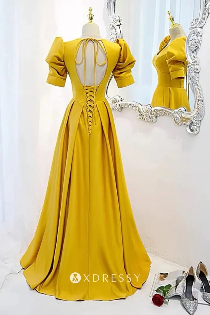 Yellow Satin Puff Sleeve Plunging V neck Formal Gown Xdressy yellow-satin-puff-sleeve-plunging-v-neck-formal-gown-xdressy