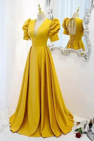 yellow satin puff sleeve plunging v neck formal gown