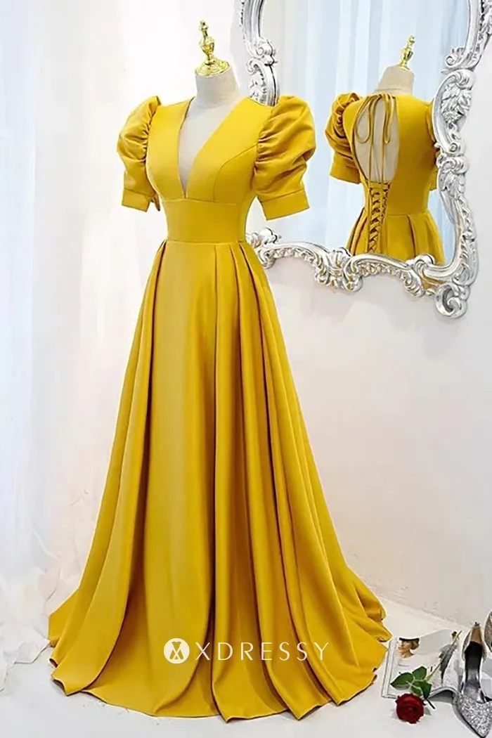Yellow Satin Puff Sleeve Plunging V neck Formal Gown Xdressy yellow-satin-puff-sleeve-plunging-v-neck-formal-gown-xdressy