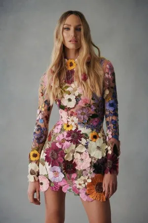 multi color 3d embroidery flower long sleeve mini dress