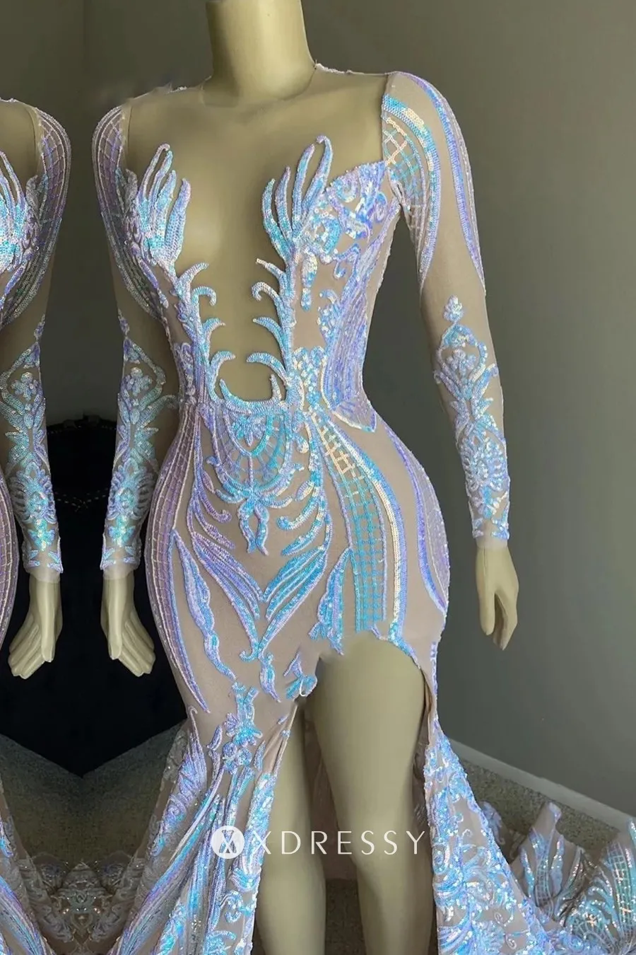 illusion plunging neck iridescent sequin mermaid slit prom gown illusion plunging neck iridescent sequin mermaid slit prom gown