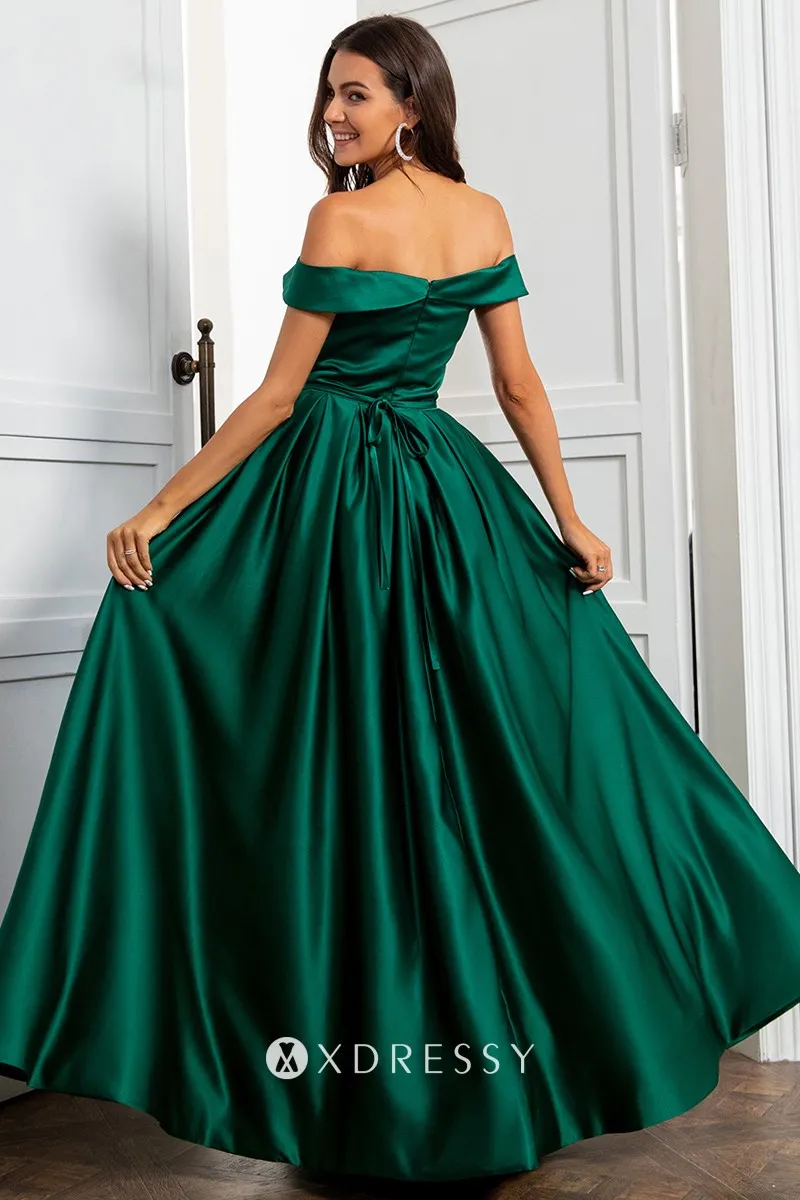 Elegant Dark Green Satin Button High Slit Evening Gown Xdressy