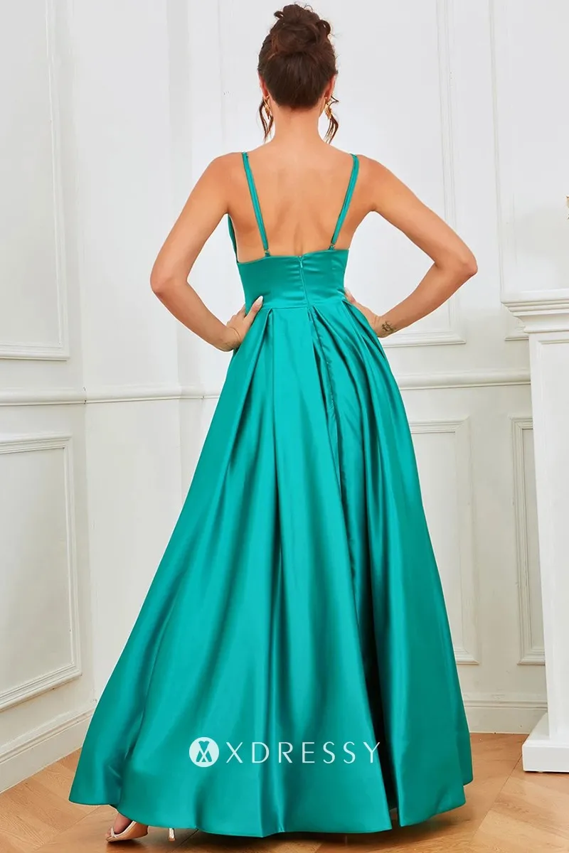 turquoise satin strap back a line ankle length prom gown turquoise satin strap back a line ankle length prom gown