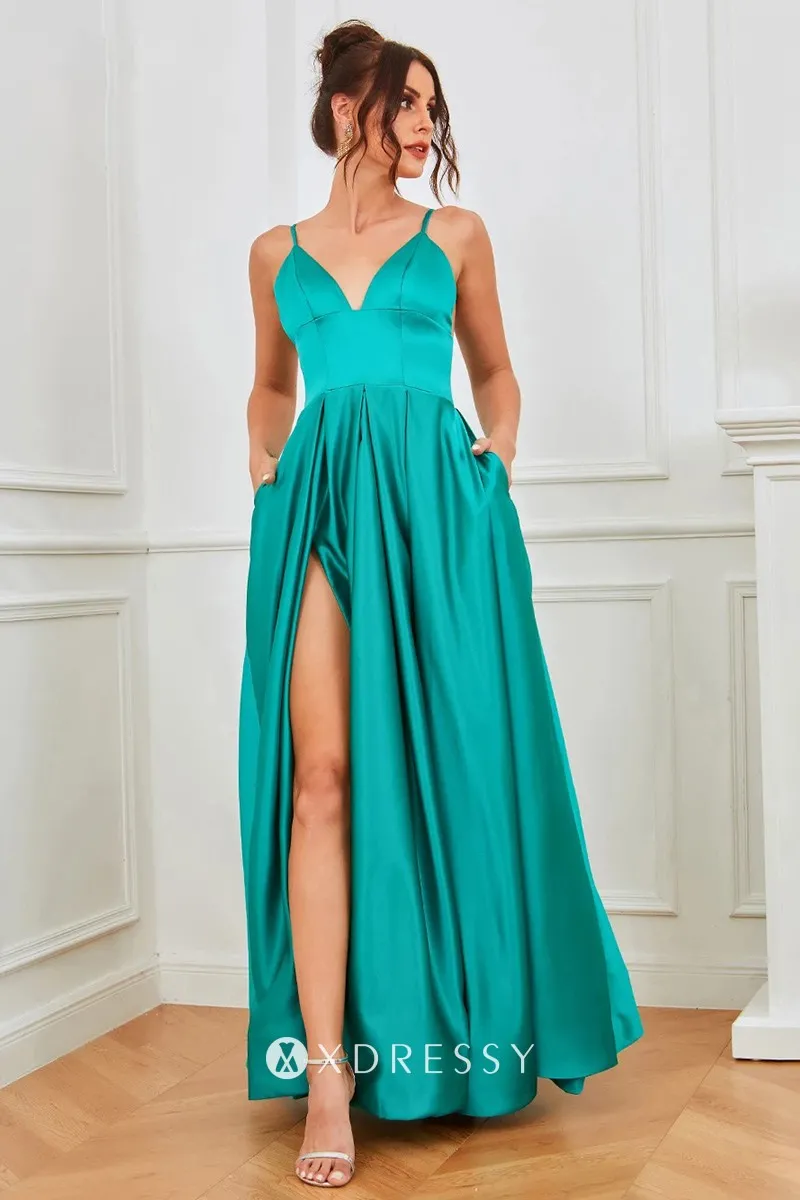 turquoise satin v neck high slit ankle length prom gown turquoise satin v neck high slit ankle length prom gown