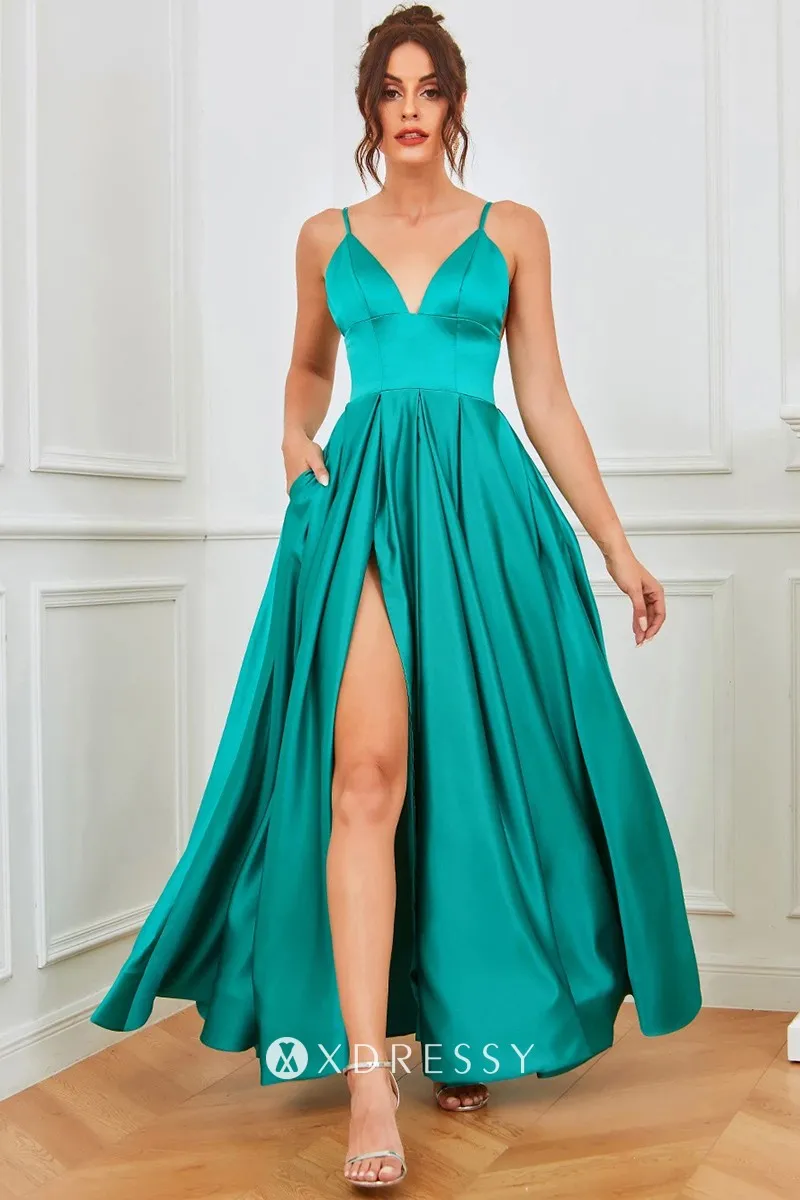 Pleated V-neck Long Sleeve Satin Dress with Pockets Turquoise main image 1