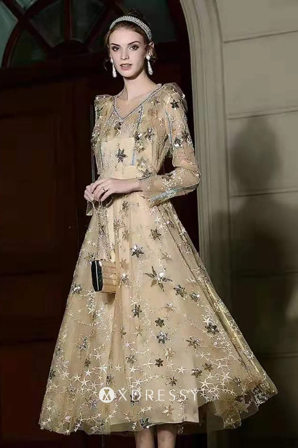 Sparkling Gold Sequin Star Lace Tea Length Party Dress Xdressy