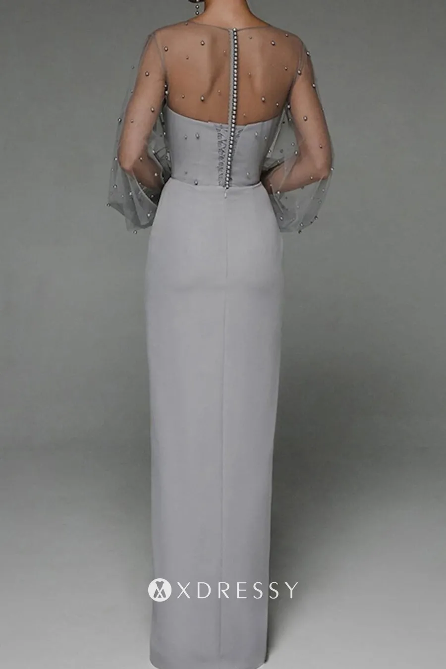 pearled gray mesh satin lantern sleeve sheath 2 in 1 evening dress pearled gray mesh satin lantern sleeve sheath 2 in 1 evening dress