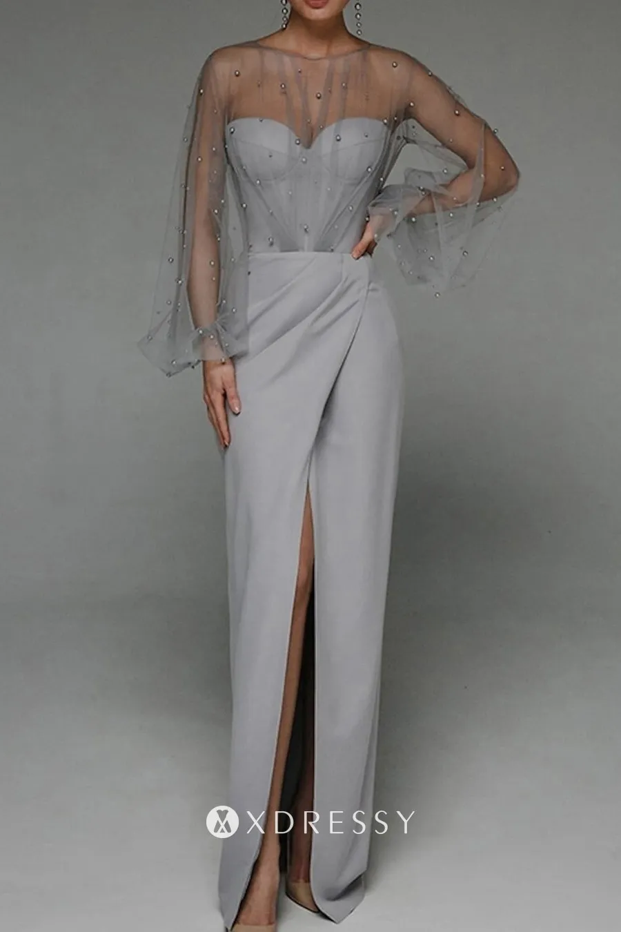 pearled gray mesh satin lantern sleeve sheath slit long evening dress pearled gray mesh satin lantern sleeve sheath slit long evening dress