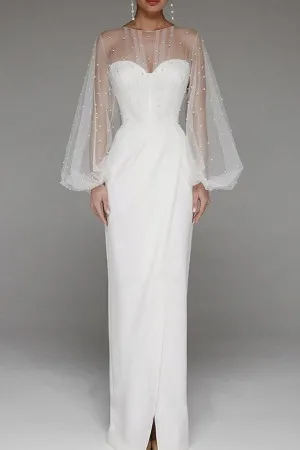 pearled mesh illusion sleeve sheath satin evening dress