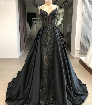 black sequinned lace evening gown with detachable train