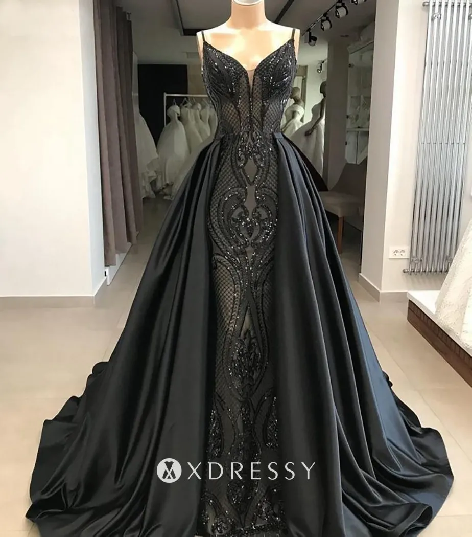 black sequinned lace evening gown with detachable train black sequinned lace evening gown with detachable train