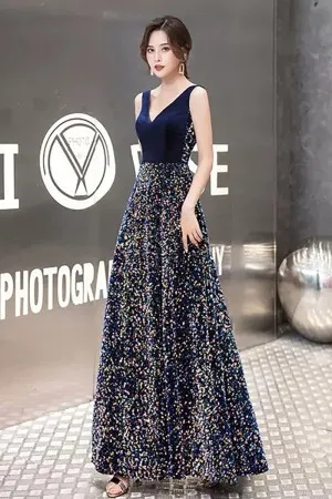 shining navy blue satin sequin v neck maxi prom dress