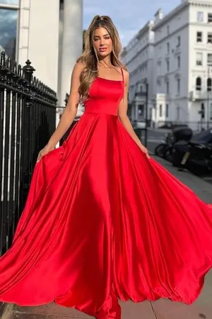 Red Pink A Line Straight Ruched Satin Gala Dress