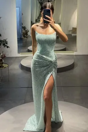 mint sequin strapless twist slit military ball dress