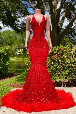 abstract pattern red sequin with feather prom dress