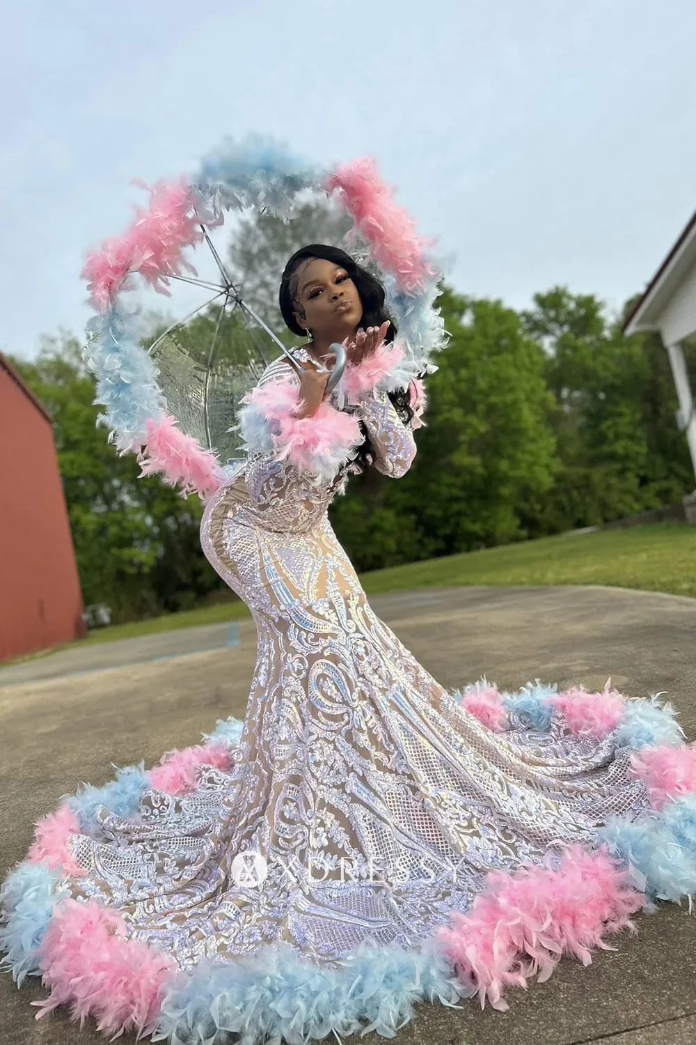 iridescent sequin baby pink blue feather mermaid prom dress iridescent sequin baby pink blue feather mermaid prom dress