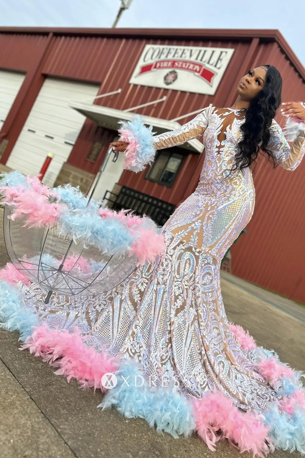luxury iridescent sequin baby pink blue feather mermaid prom dress luxury iridescent sequin baby pink blue feather mermaid prom dress