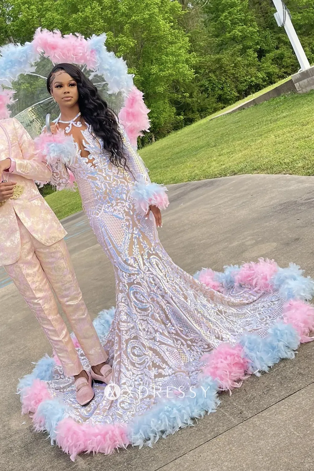 unique iridescent sequin baby pink blue feather prom dress unique iridescent sequin baby pink blue feather prom dress