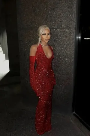 red sequin halter cold shoulder slim fit evening dress