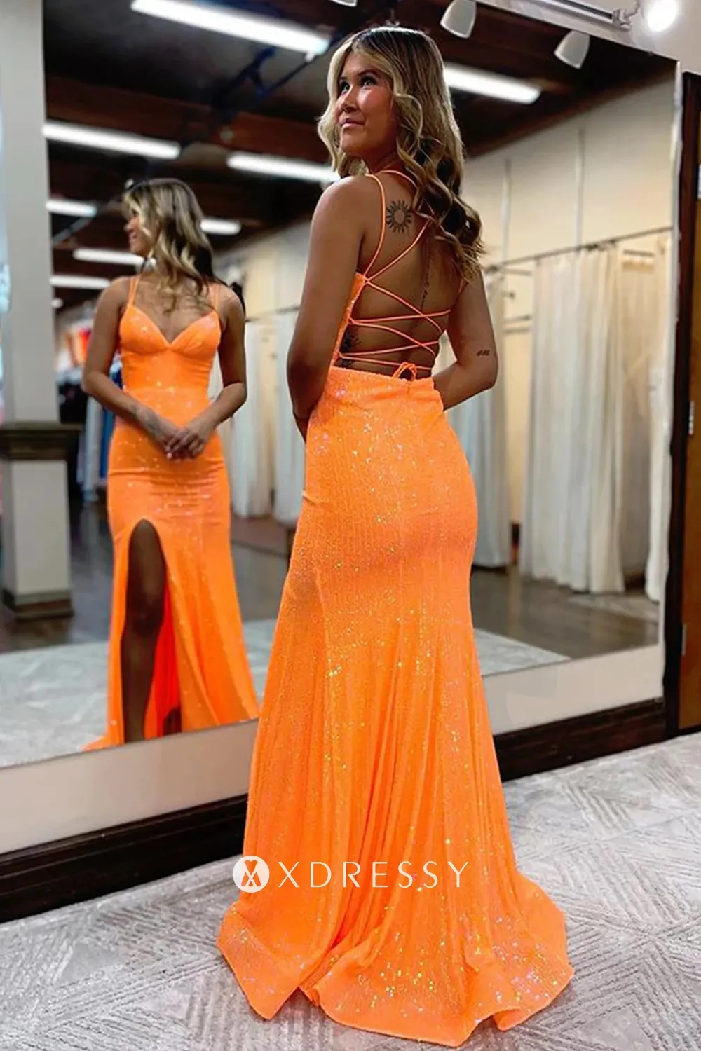 striped orange sequin strap back sexy split prom evening dresss striped orange sequin strap back sexy split prom evening dresss