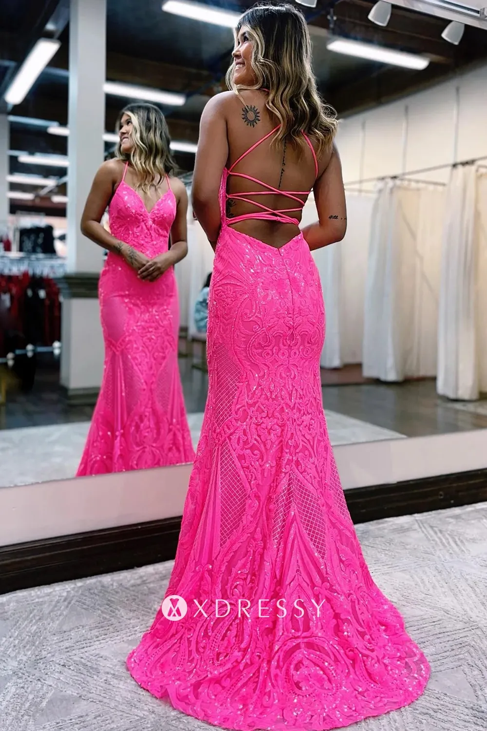 sexy hot pink abstract pattern sequin mermaid evening dress