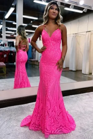 sparkly hot pink abstract pattern sequin mermaid pageant dress