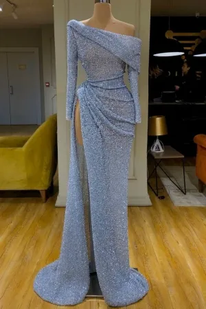 sexy asymmetrical baby blue beading slit pageant dress