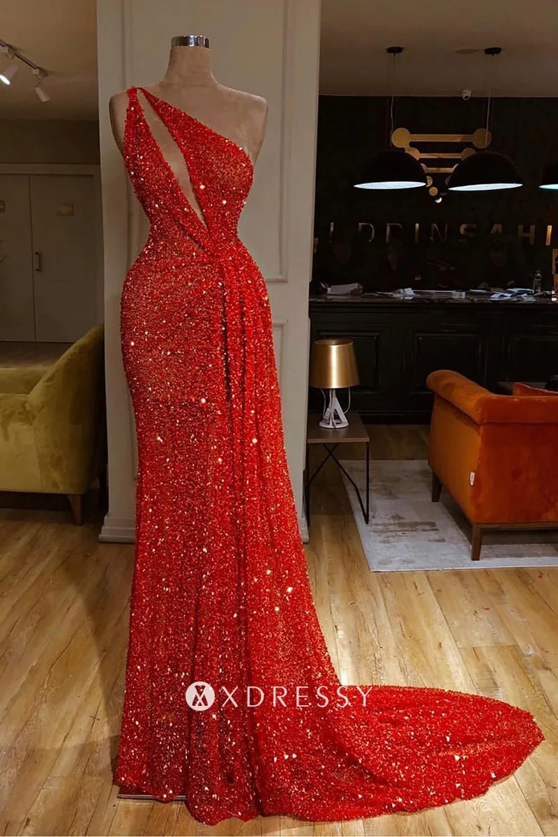 sparkly red beading sequinned one shoulder cut out evening gown sparkly red beading sequinned one shoulder cut out evening gown