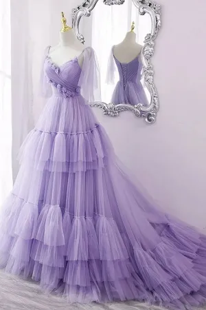 fairy lavender tulle tiered 3d flowers engagement dress