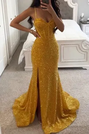 sparkly golden yellow sequin corset trumet slit evening dress