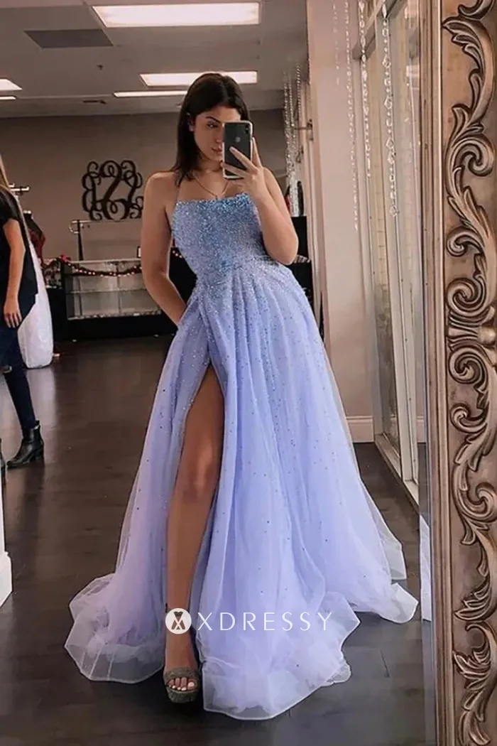 beaded lavender tulle sexy high slit strap back prom dress beaded lavender tulle sexy high slit strap back prom dress
