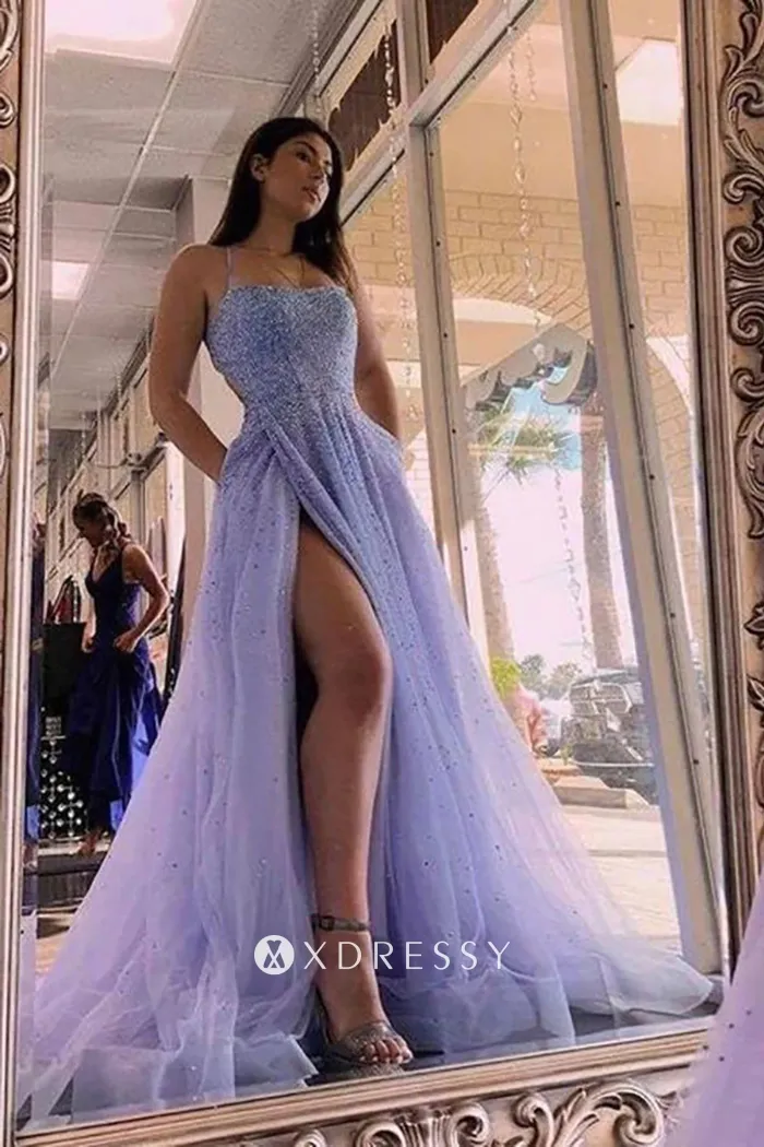 lavender tulle beaded strap back slit birthday dress lavender tulle beaded strap back slit birthday dress