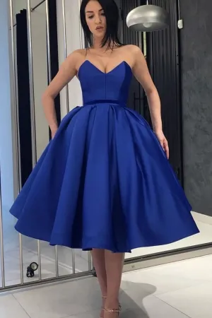 cobalt blue satin strapless v neck short cocktail dress