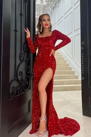 glistening red sequin square neck slit evening dress
