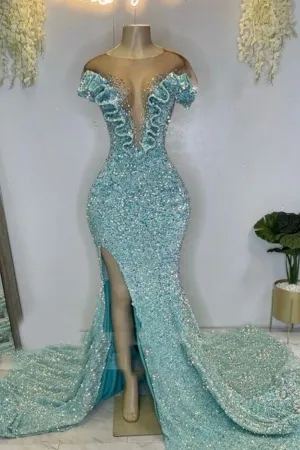 tiffany blue sequin beaded ruffled sexy slit prom dress