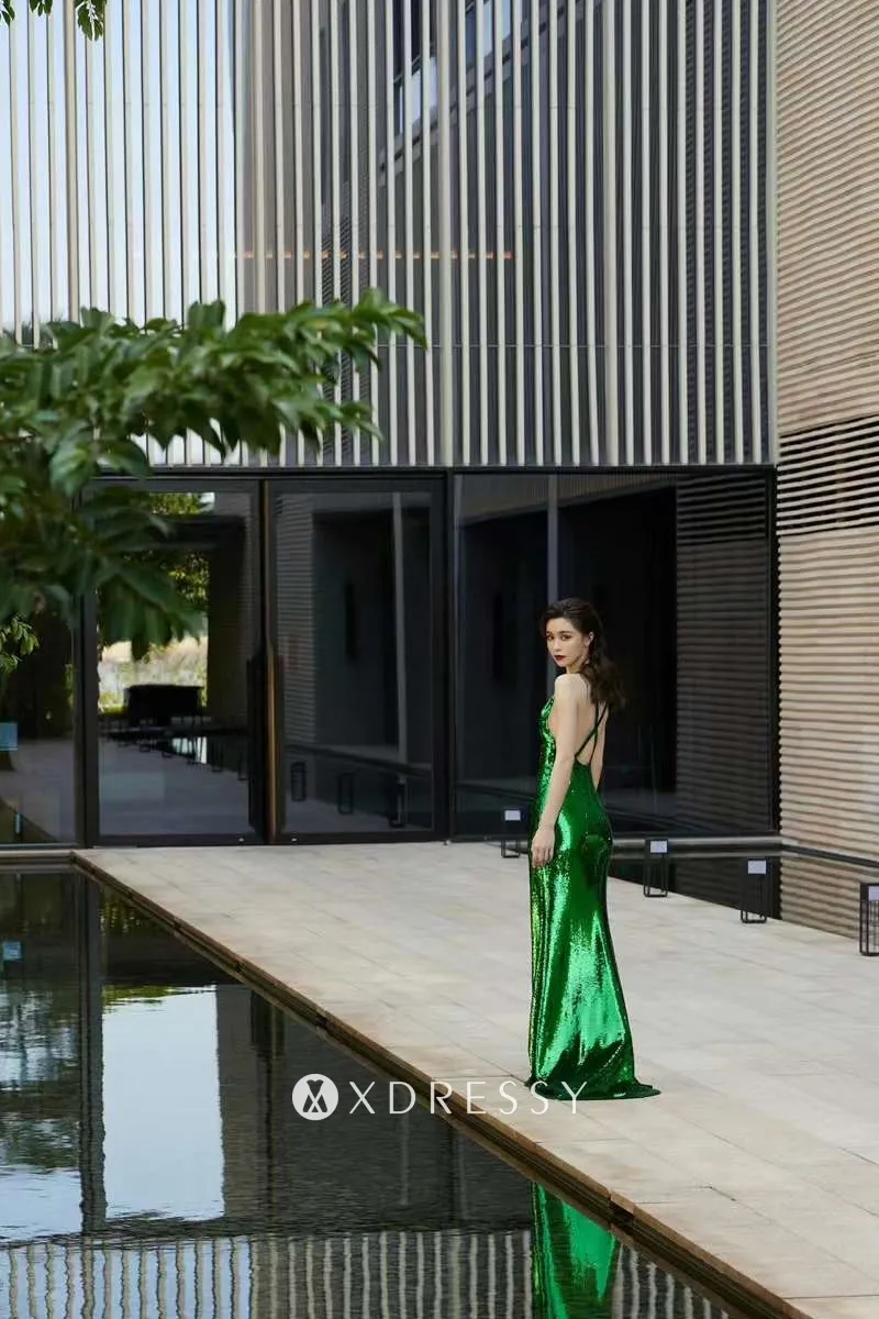 emerald green sequin low back evening formal dress