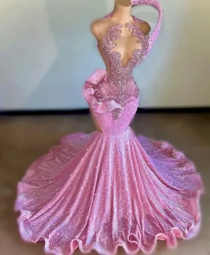 charming rhinestone beads pink sequin mermaid prom gown