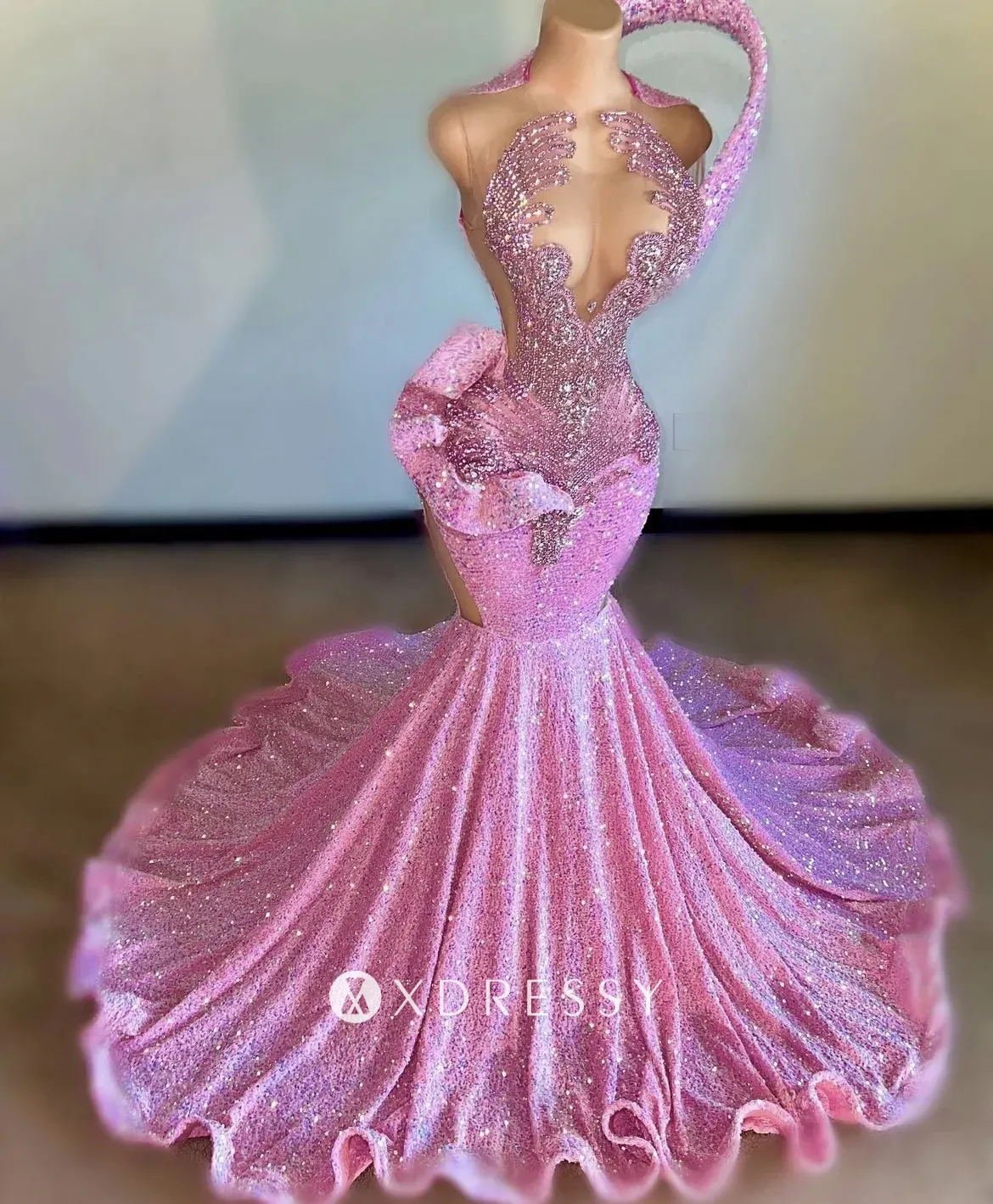 charming rhinestone beads pink sequin mermaid prom gown charming rhinestone beads pink sequin mermaid prom gown