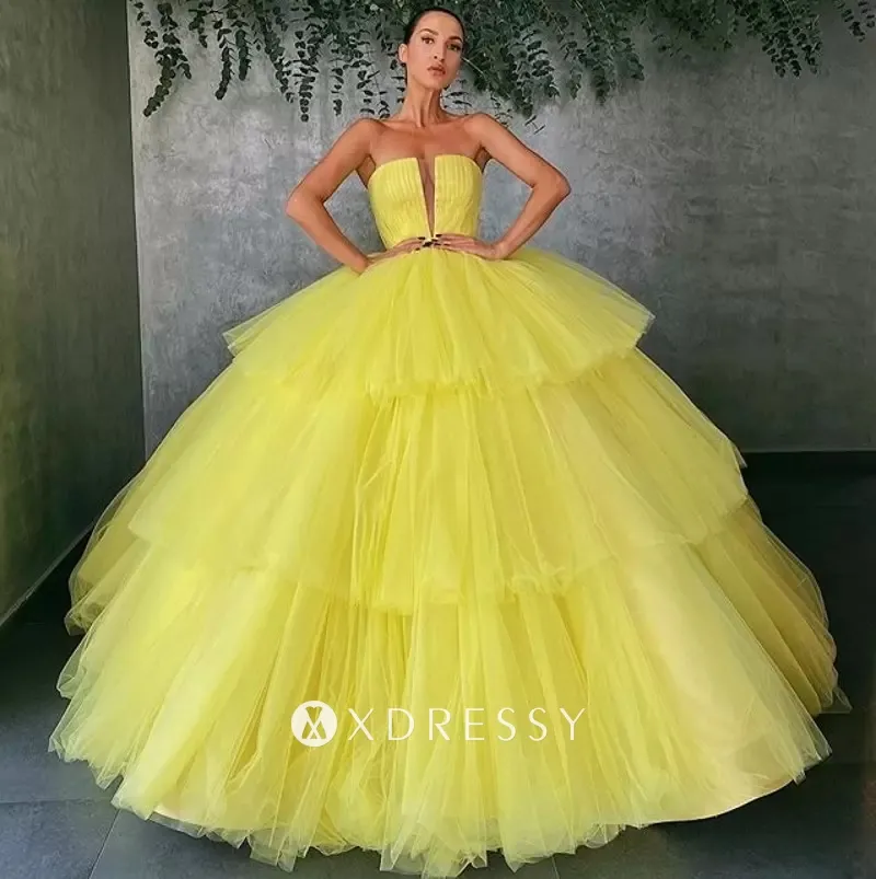 modern strapless tiered yellow tulle prom ball gown