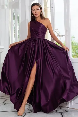 eggplant satin one shoulder slit military ball dress