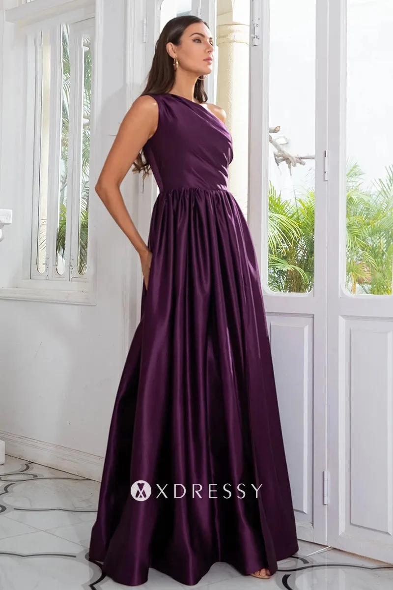 modern one shoulder eggplant satin prom dress