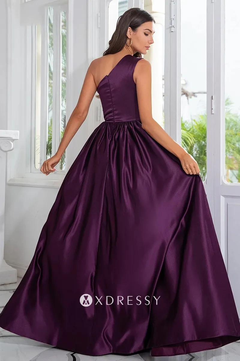 stylish one shoulder purple satin a line prom gown