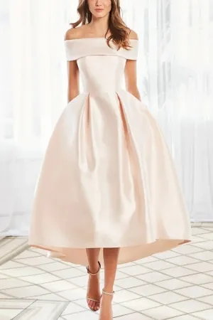 off the shoulder champagne satin tea length ball gown