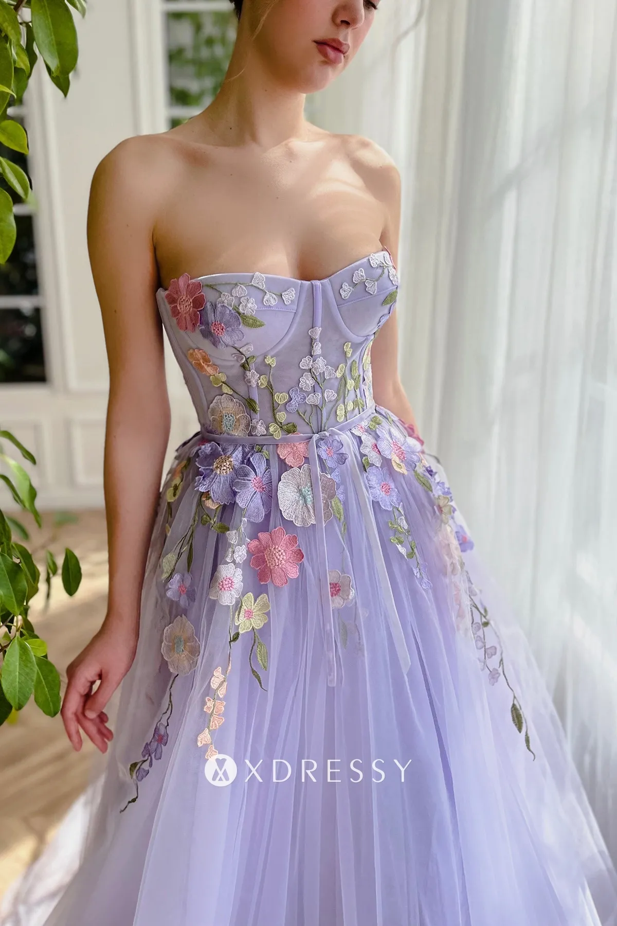 3d floral lace lavender tulle strapless party gown 3d floral lace lavender tulle strapless party gown