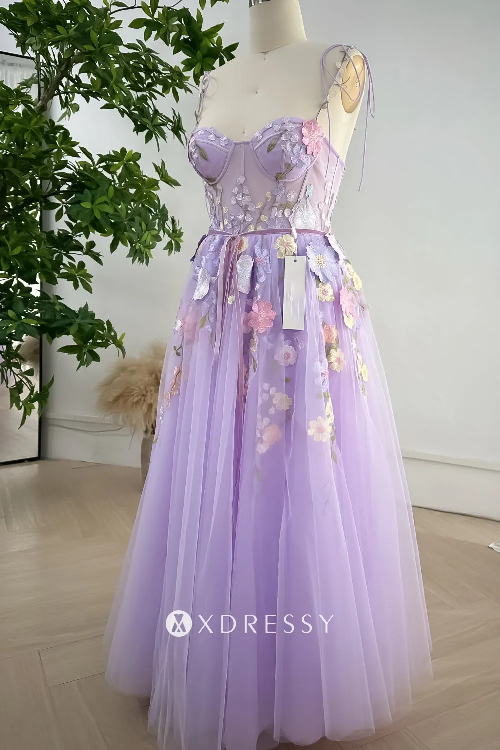 Princess Corset Strapless Cascading Horse Hair Lilac Lace Tulle Prom Dress, Beading main image 1
