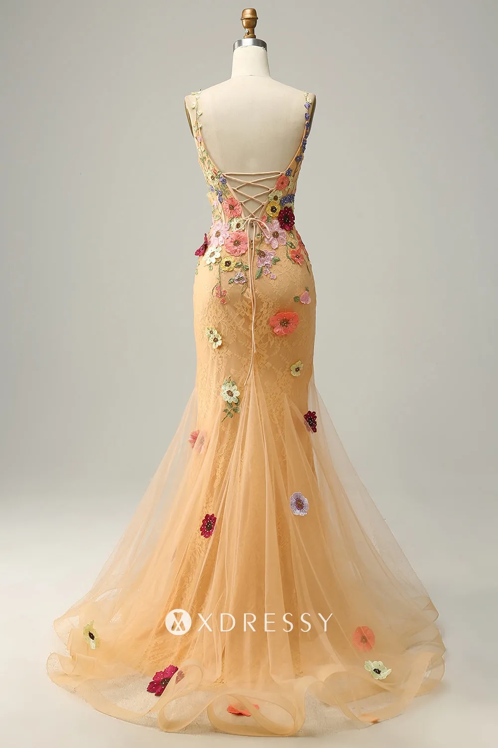 3d floral lace champagne strap back evening dress