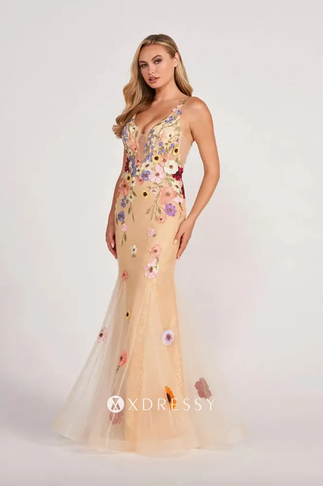 3d floral lace deep v neck champagne anniversary dress