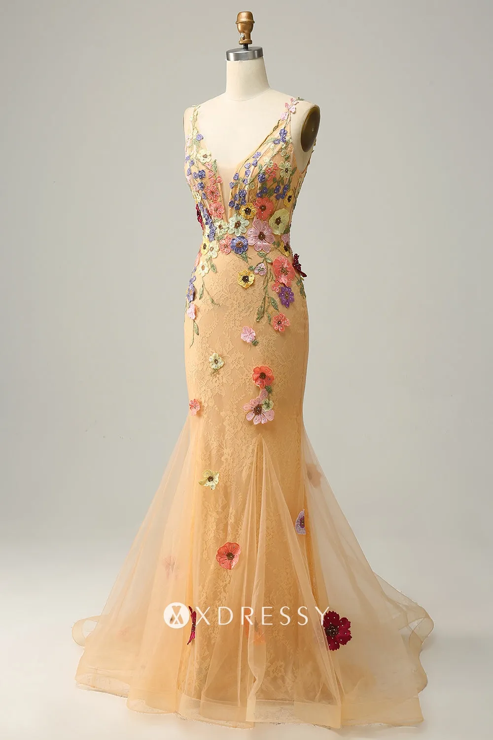 3d floral lace deep v neck champagne enaggement dress