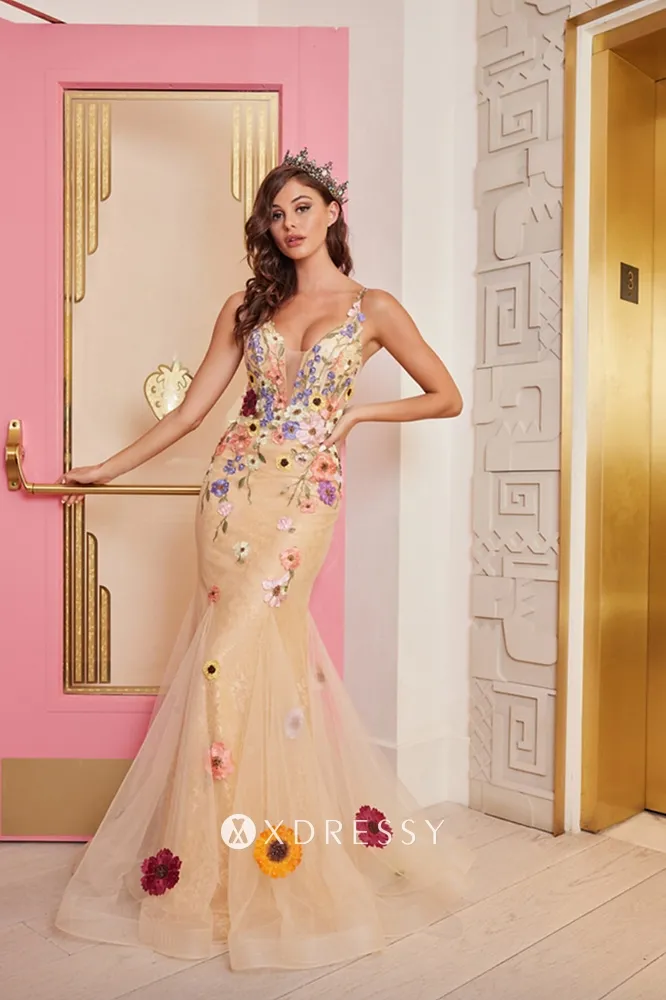 3d floral lace deep v neck champagne evening party dress